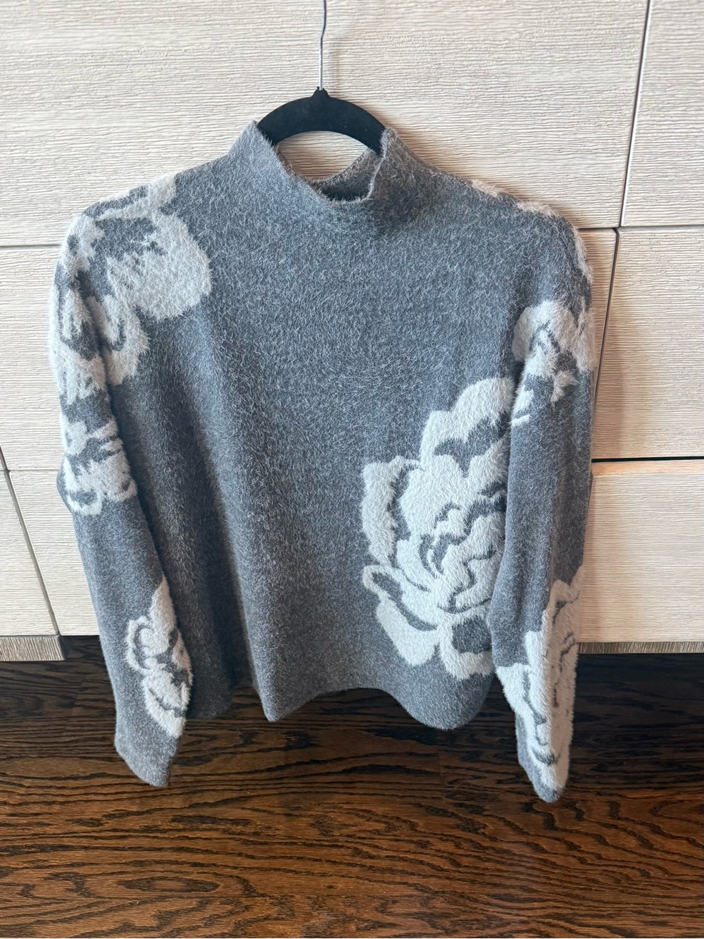 1. State Gray Mock Neck Sweater with Cream Floral Pattern